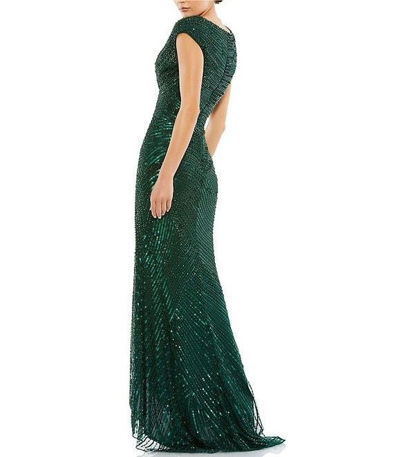 Mac Duggal Sequin V-Neck Cap Sleeve Front Slit Gown Product Image