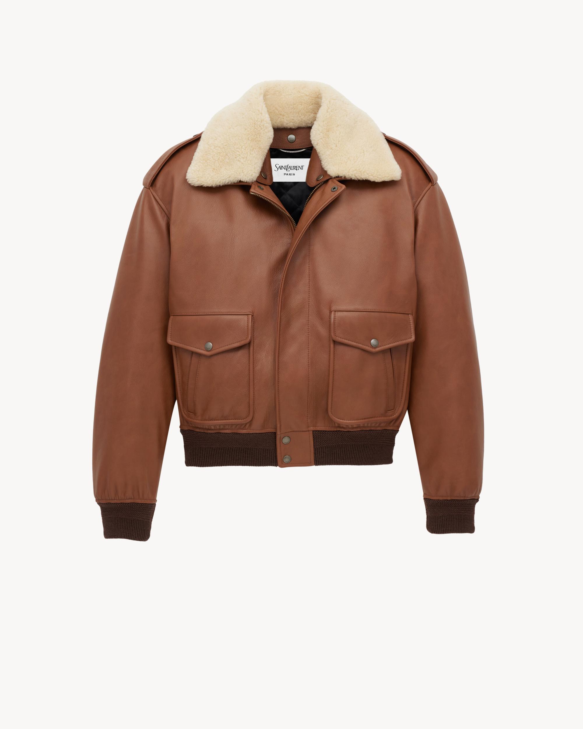 bomber jacket in grained leather and shearling Product Image