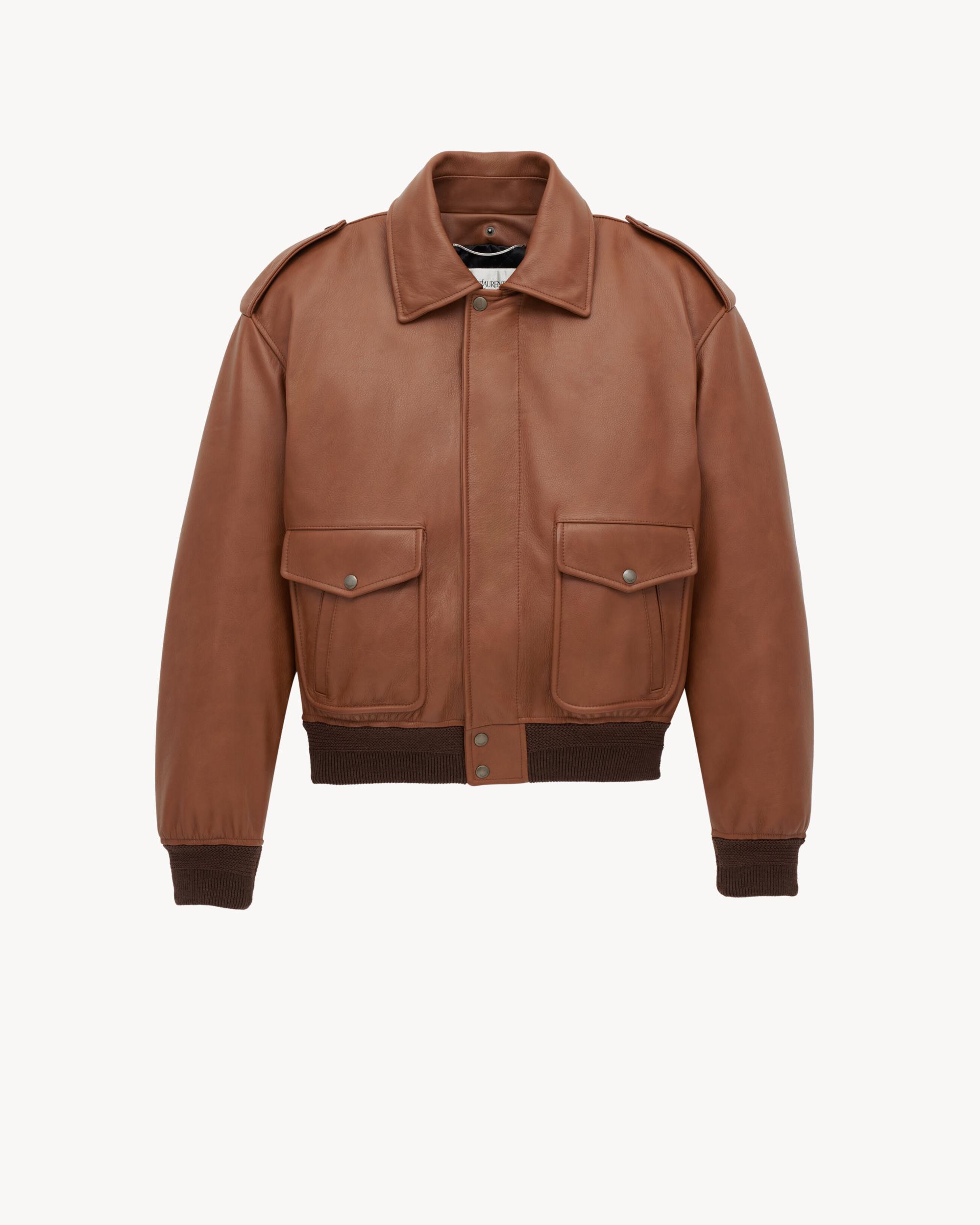 bomber jacket in grained leather and shearling Product Image