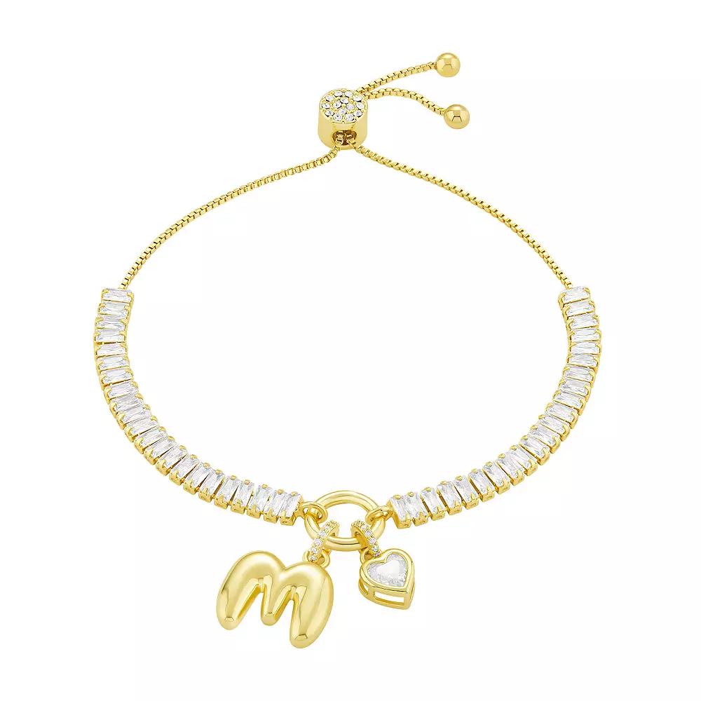 Brilliance Cubic Zirconia Heart & Polished Bubble Initial Charm Adjustable Bracelet, Women's, Size: 4-10" ADJ, Gold Tone M Product Image