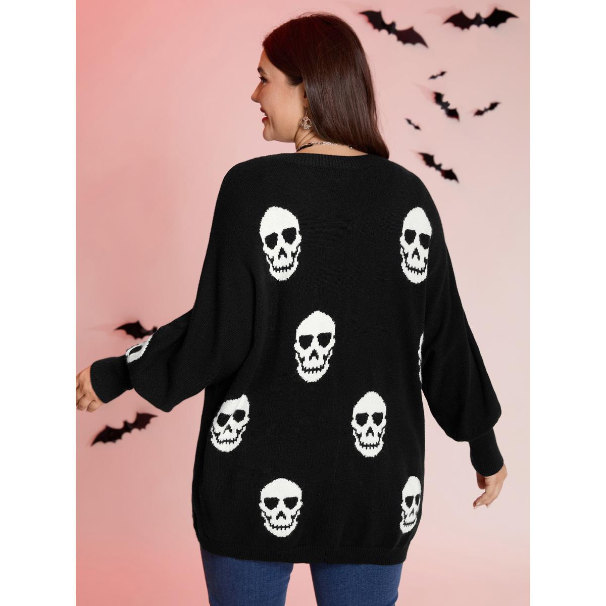 Plus Size Skull Print Batwing Sleeve Knit Cardigan Black Women Playful Loose Long Sleeve Casual Cardigans BloomChic 14-16/1X Product Image