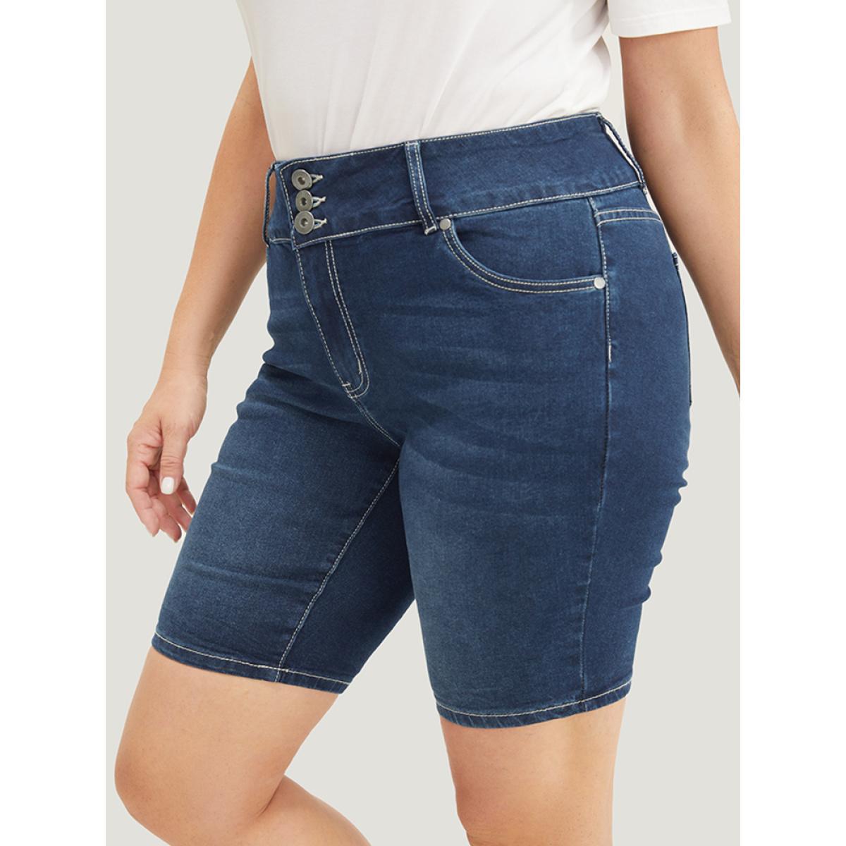 Plus Size Slightly Stretchy High Rise Black Wash Denim Shorts Women Indigo Casual Plain Button Low stretch Side seam pocket Jeans BloomChic 20/2X Product Image
