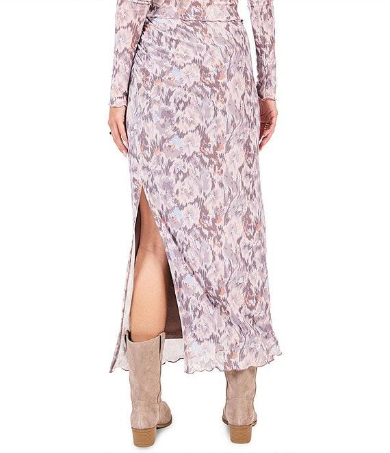 Sage The Label Mesh Abstract Print Side Ruched Pull-On Midi Skirt Product Image
