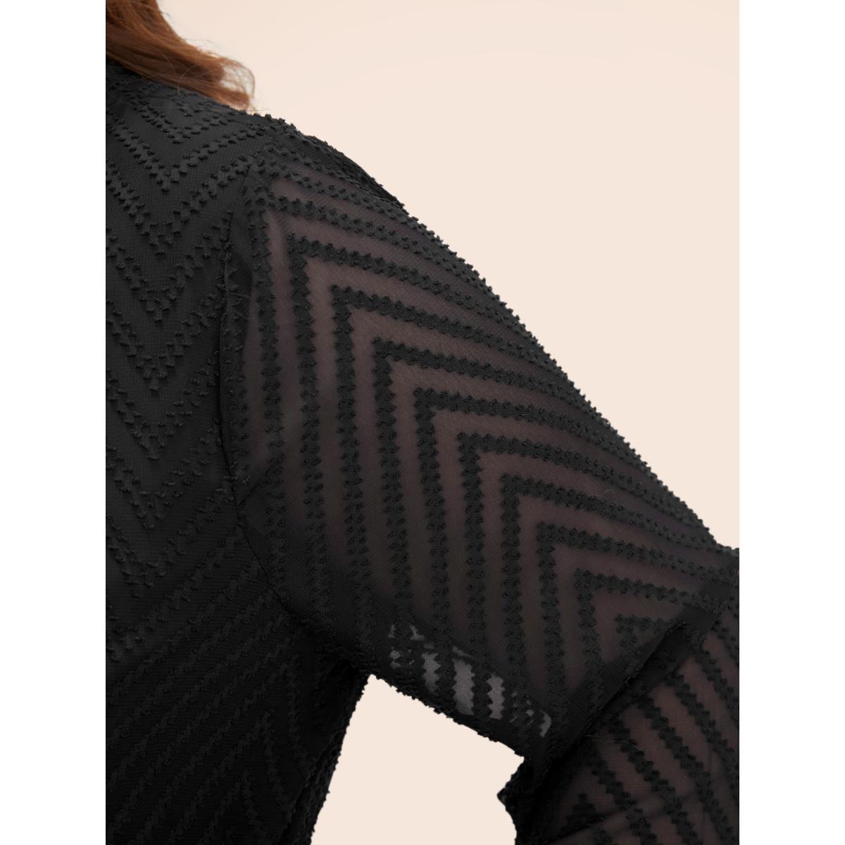 Plus Size Solid Geometric Pocket Mesh Lantern Sleeve Belted Dress Navy Women Office Pocket Flat collar with V-notch Short sleeve Curvy Midi Dress BloomChic 22-24/3X Product Image