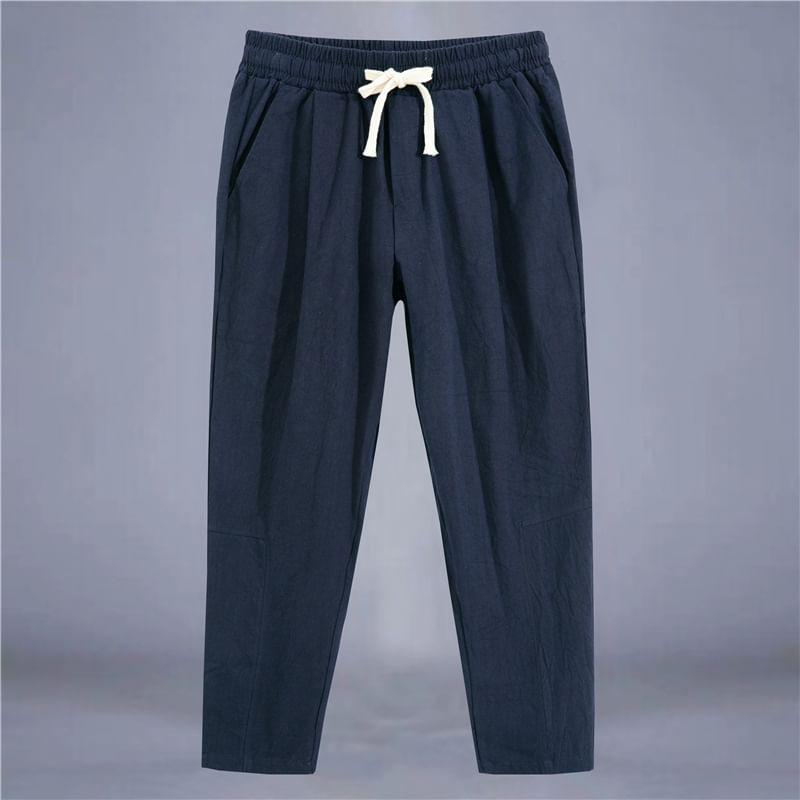 Drawstring Waist Plain Cropped Tapered Pants Product Image