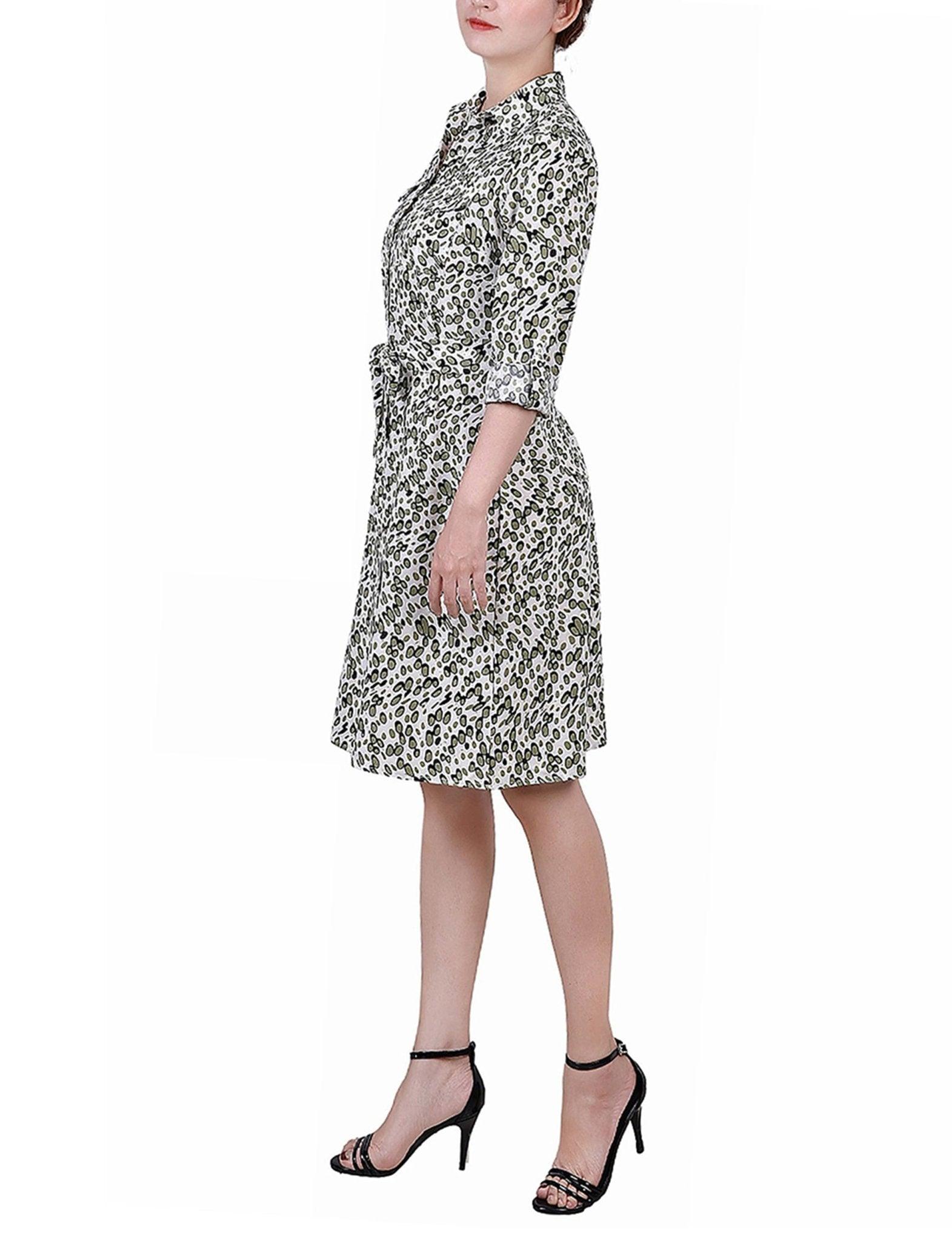 Cypress Inca Gold Navy Zigzag 3/4 Roll Tab Sleeve Belted Shirtdress - Petite Product Image