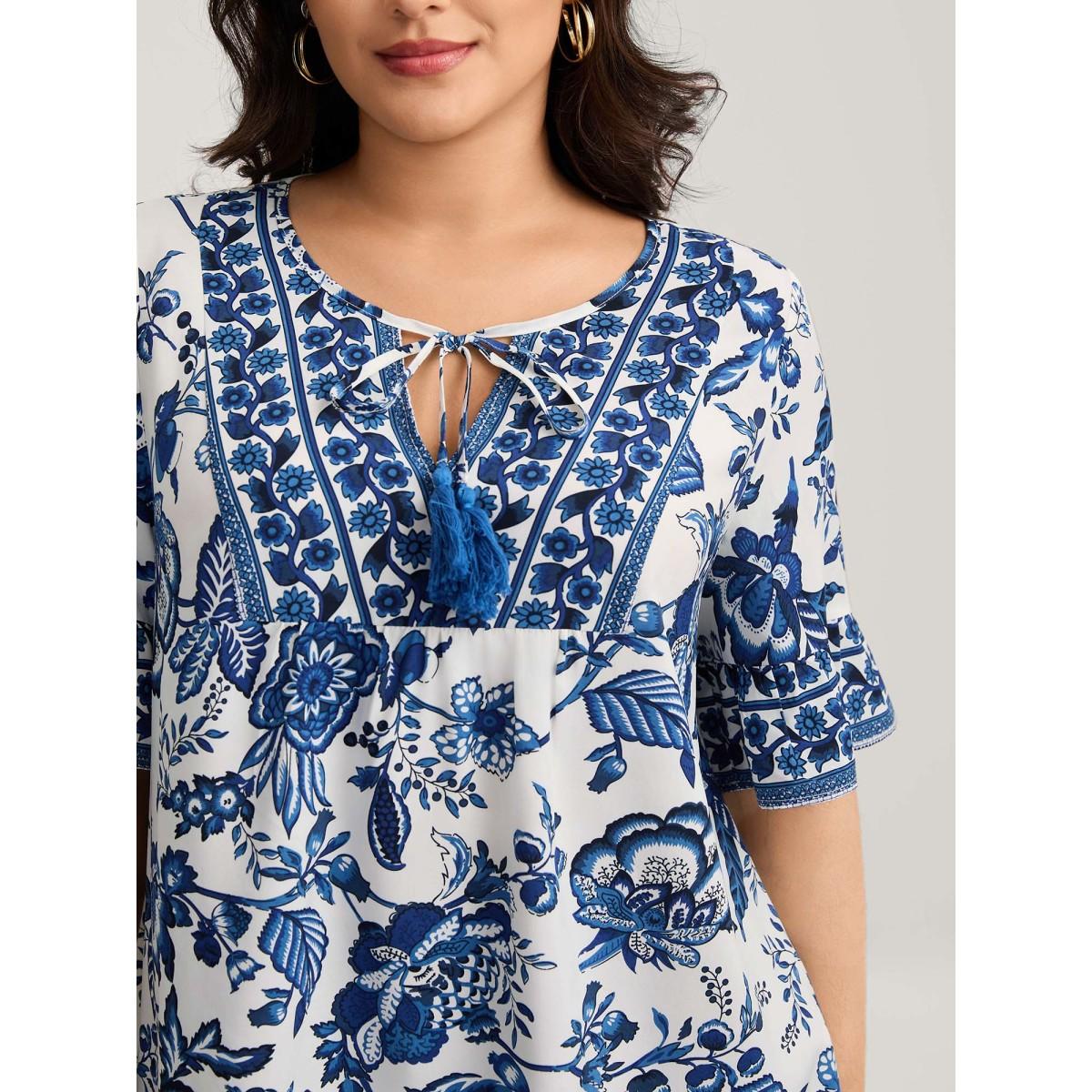 Plus Size Mediumblue Floral Print Neck Tassels Blouse Women Boho Half Sleeve V-neck Vacation Blouses BloomChic 28/5X Product Image
