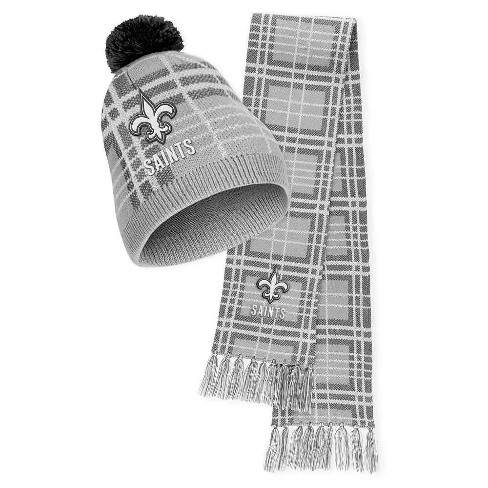 Women's WEAR by Erin Andrews New Orleans Saints Plaid Knit Hat with Pom & Scarf Set, Grey Product Image