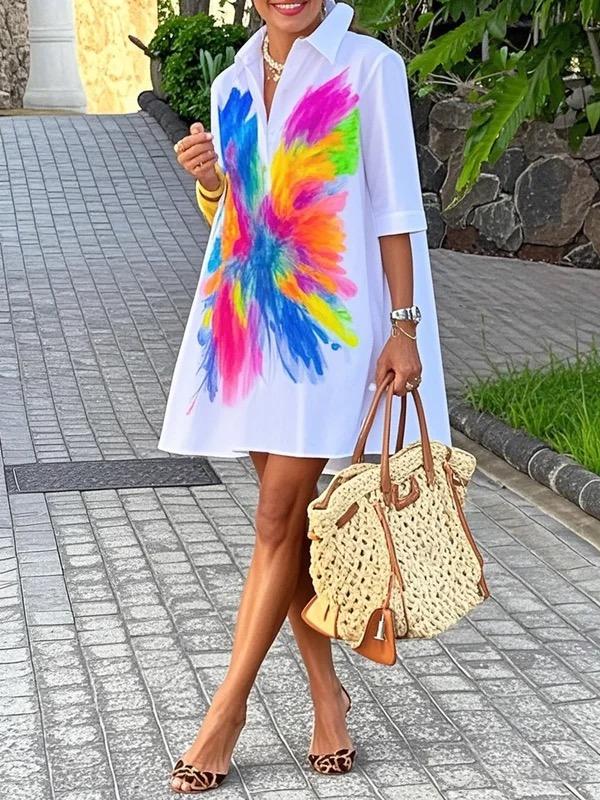 Half Sleeves Loose Buttoned Contrast Color Printed Lapel Mini Dresses Shirt Dress Product Image