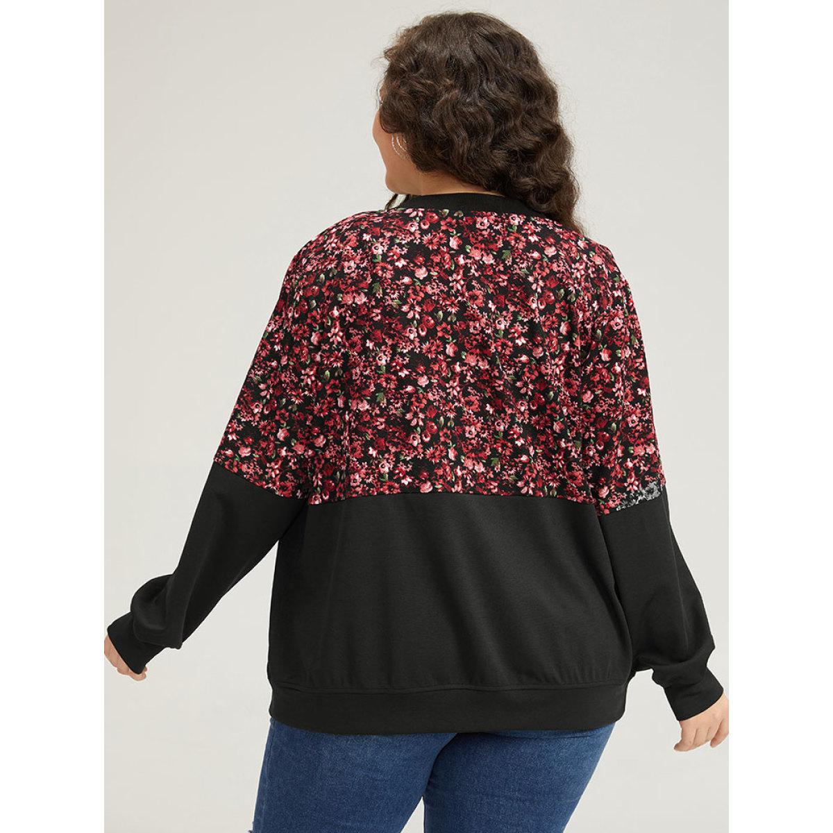 Plus Size Ditsy Floral Patchwork Zipper Elastic Cuffs Jacket Women Black Elastic cuffs Dailywear Jackets BloomChic 10/M Product Image