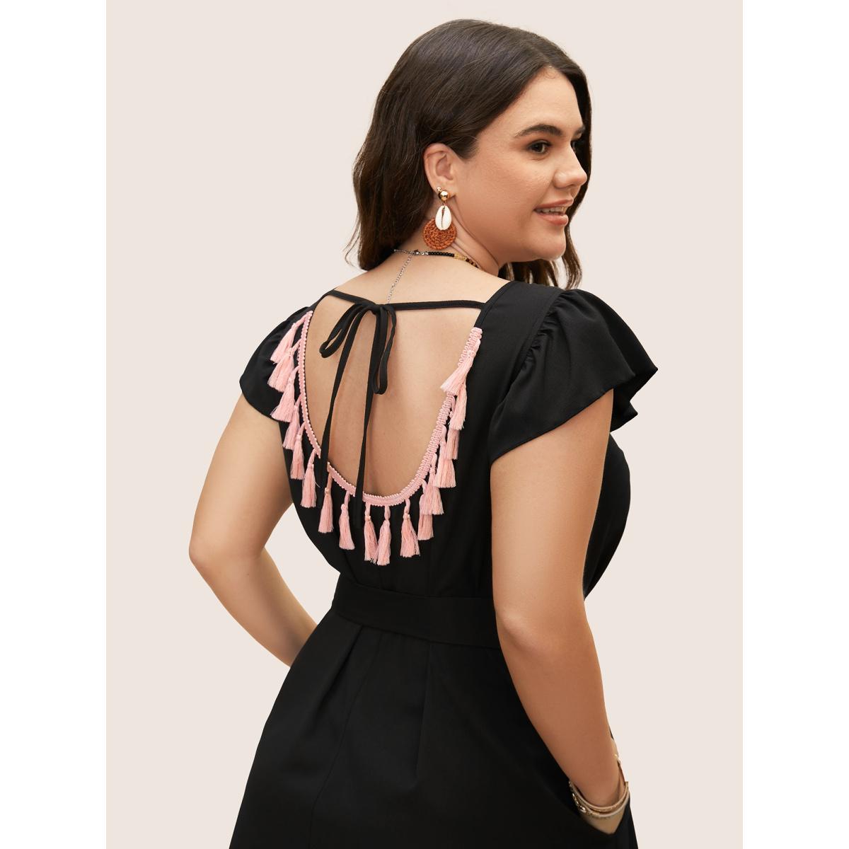 Plus Size Solid Backless Tassel Trim Tie Knot Dress Black Women Resort Tassels V-neck Cap Sleeve Curvy BloomChic 18-20/2X Product Image
