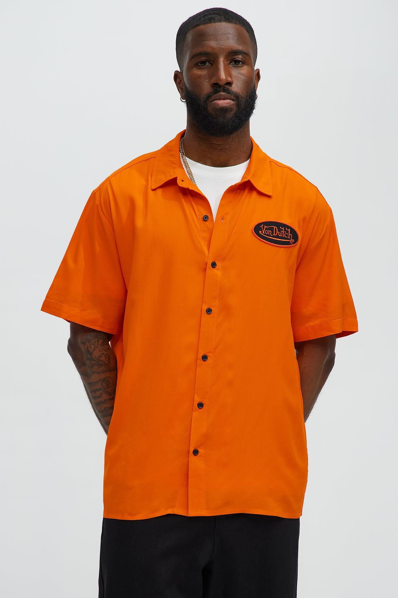 Von Dutch Front And Back Graphic Short Sleeve Button Up Shirt - Orange Male Product Image