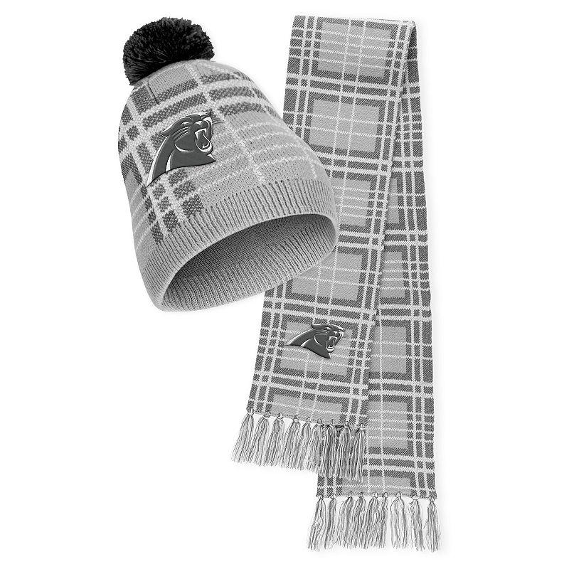 Women's WEAR by Erin Andrews Carolina Panthers Plaid Knit Hat with Pom & Scarf Set, Grey Product Image