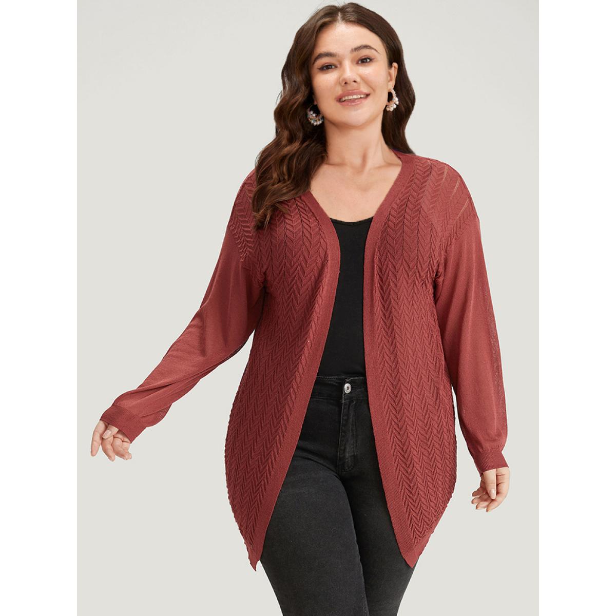 Plus Size Geometric Plisse Patchwork Loose Open Front Cardigan Russet Women Casual Loose Long Sleeve Everyday Cardigans BloomChic 30/6X Product Image