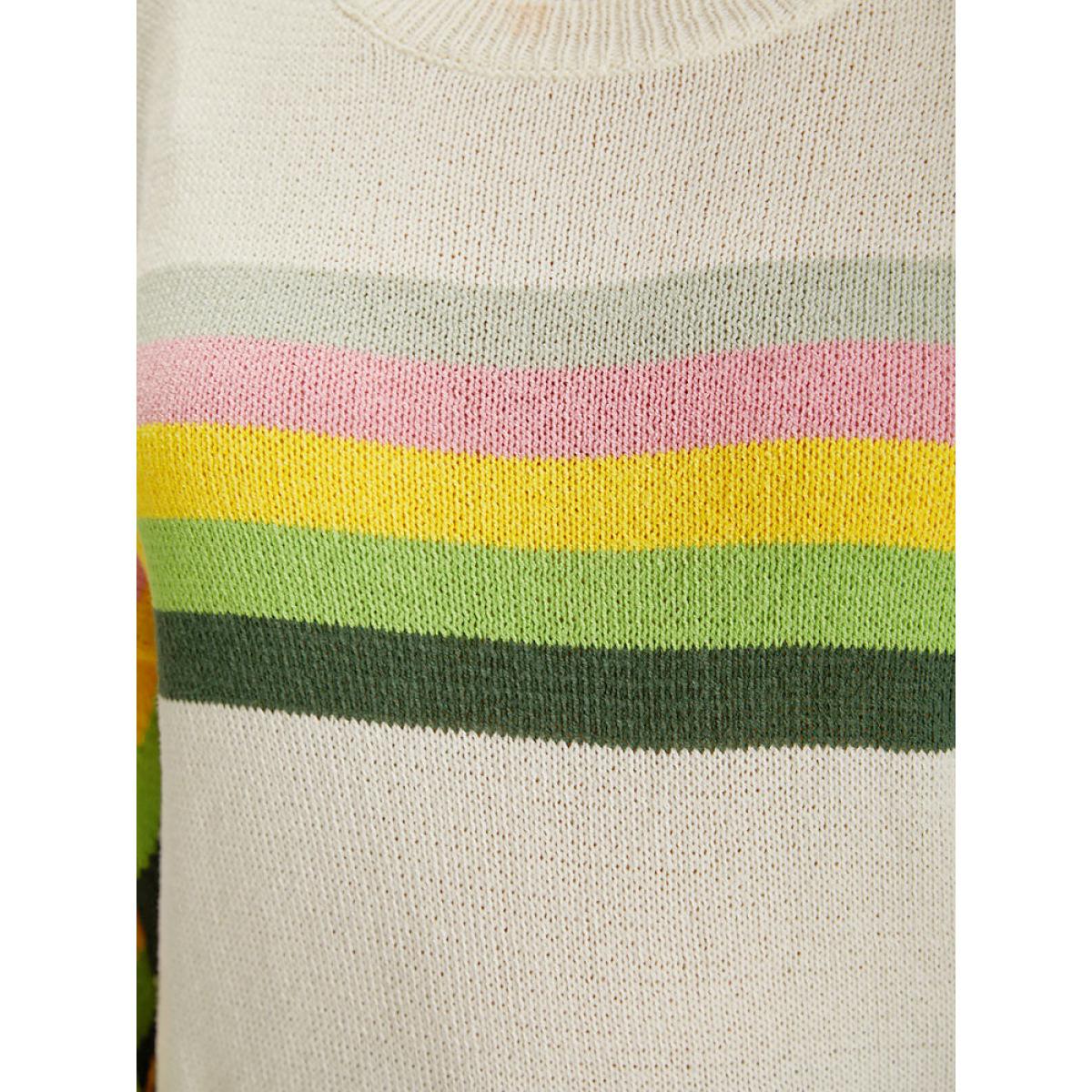 Plus Size Rainbow Lantern Sleeve Drop Shoulder Elastic Cuffs Pullover Beige Women Casual Loose Long Sleeve Round Neck Dailywear Pullovers BloomChic 28/5X Product Image