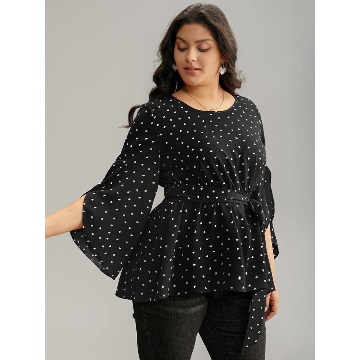 Plus Size Black Heart Print Belted Petal Sleeve High Low Hem Blouse Women Elegant Elbow-length sleeve Round Neck Everyday Blouses BloomChic 26/4X Product Image
