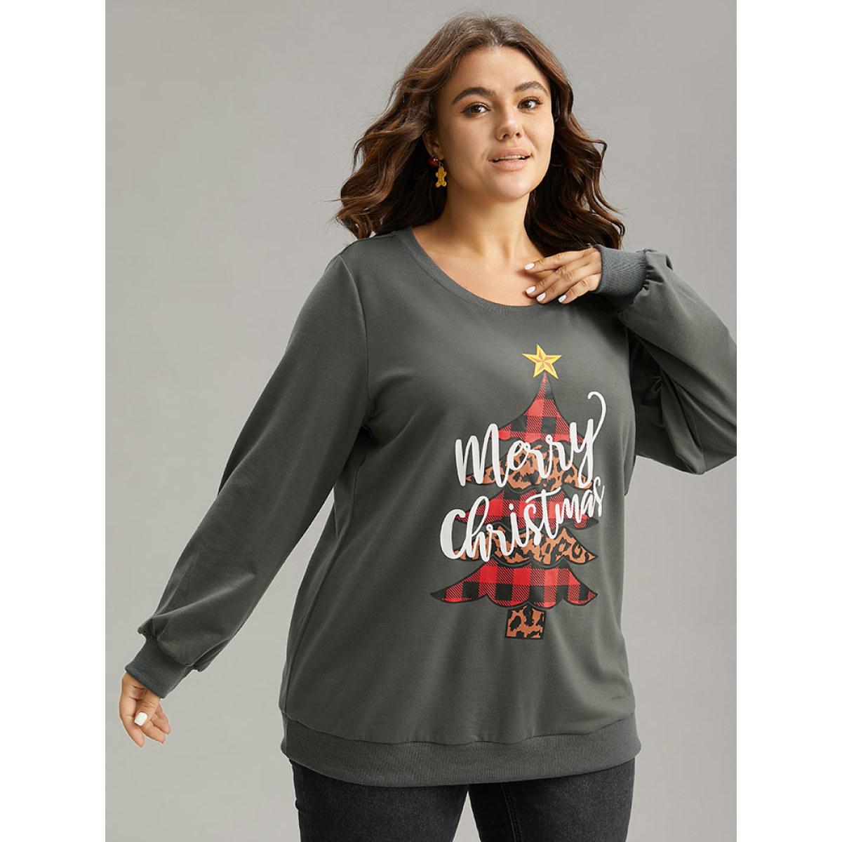 Plus Size Christmas Trees Round Neck Rib Knit Sweatshirt Women Gray Casual Rib Knit Festival-Christmas Sweatshirts BloomChic 14-16/1X Product Image