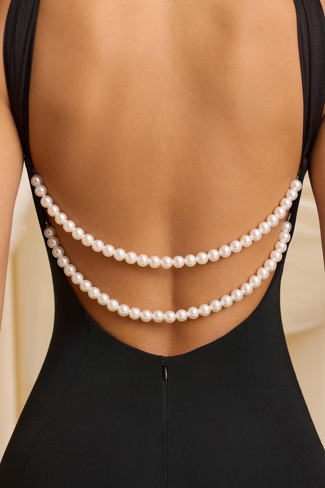 Pearl-Detail Halterneck Maxi Dress in Black Product Image