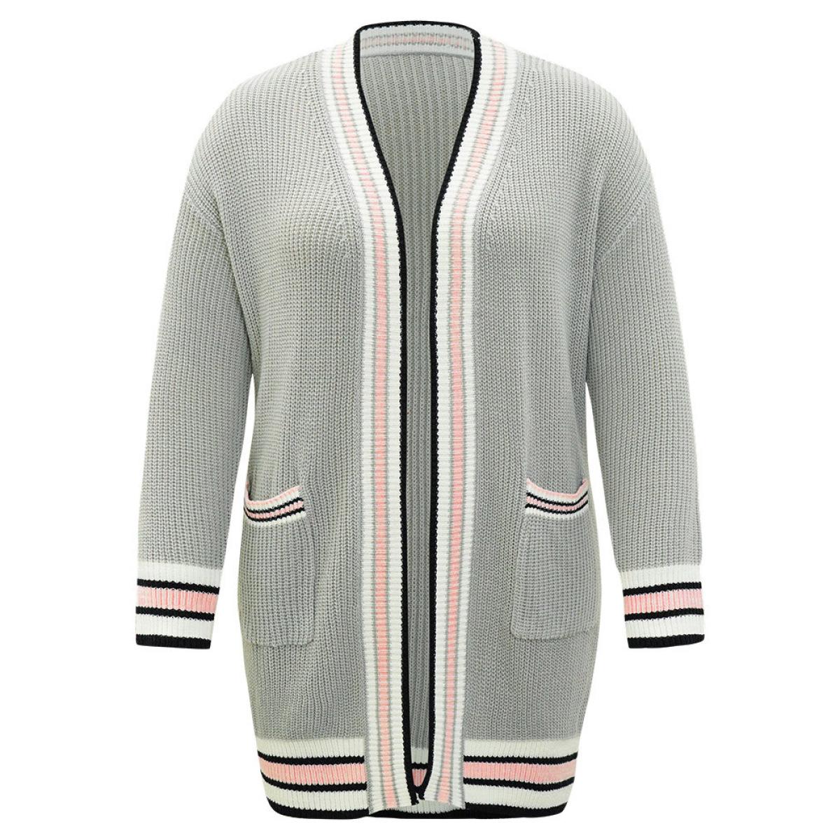 Plus Size Striped Contrast Drop Shoulder Elastic Cuffs Cardigan LightGray Women Casual Loose Long Sleeve Dailywear Cardigans BloomChic 12/L Product Image