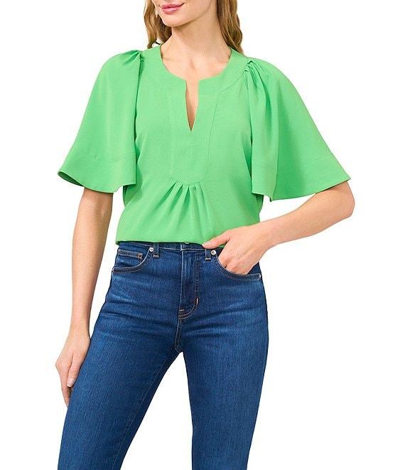 CeCe Split Round Neck Flutter Sleeve Blouse Product Image