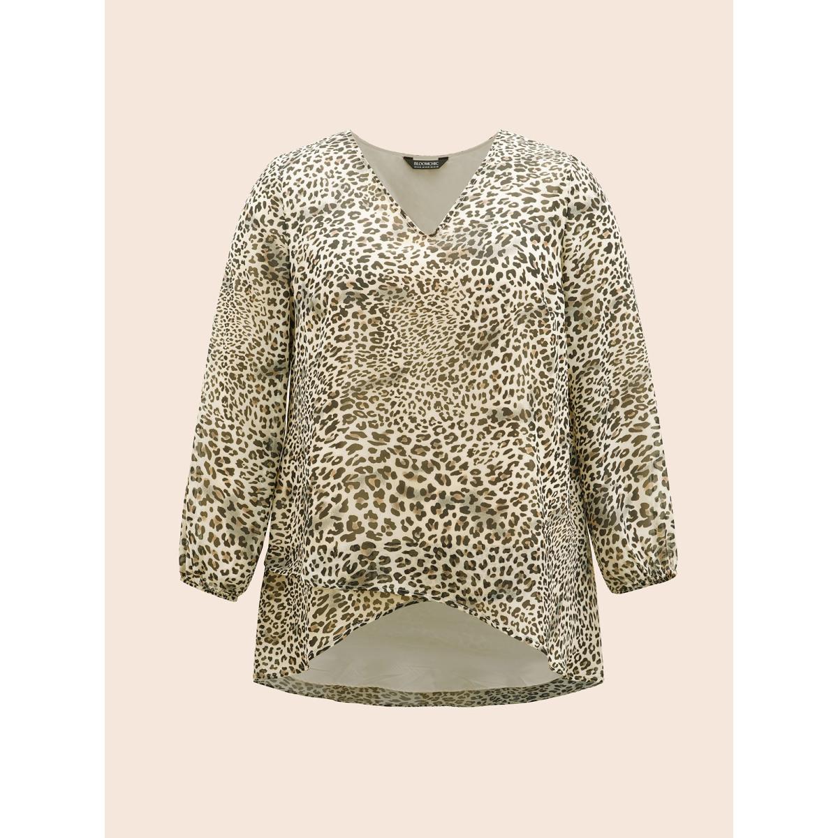 Plus Size Tan Leopard Print Asymmetrical Hem Lantern Sleeve Blouse Women Elegant Long Sleeve V-neck Everyday Blouses BloomChic 12/L Product Image