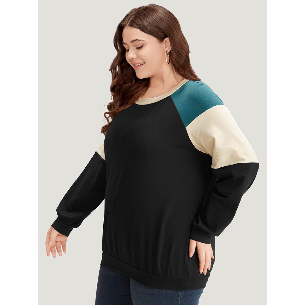 Plus Size Colorblock Contrast Raglan Sleeve Sweatshirt Women Black Casual Elastic cuffs Round Neck Dailywear Sweatshirts BloomChic 26/4X Product Image