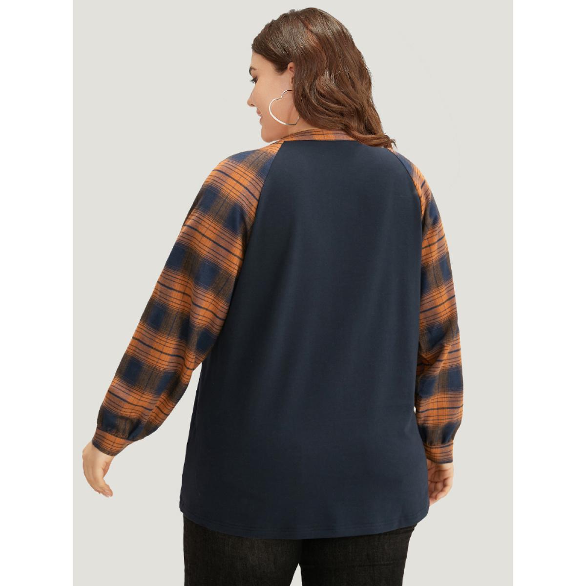 Plus Size Plaid Patchwork Notched Button Detail Sweatshirt Women Chocolate Leisure Patchwork Notched collar Casual Sweatshirts BloomChic 26/4X Product Image