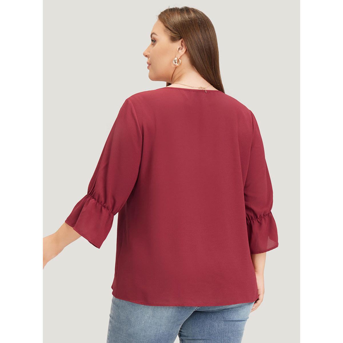 Plus Size Burgundy Plain Embroidered Lace Up Bell Sleeve Blouse Women Vacation Elbow-length sleeve V-neck Dailywear Blouses BloomChic 18-20/2X Product Image