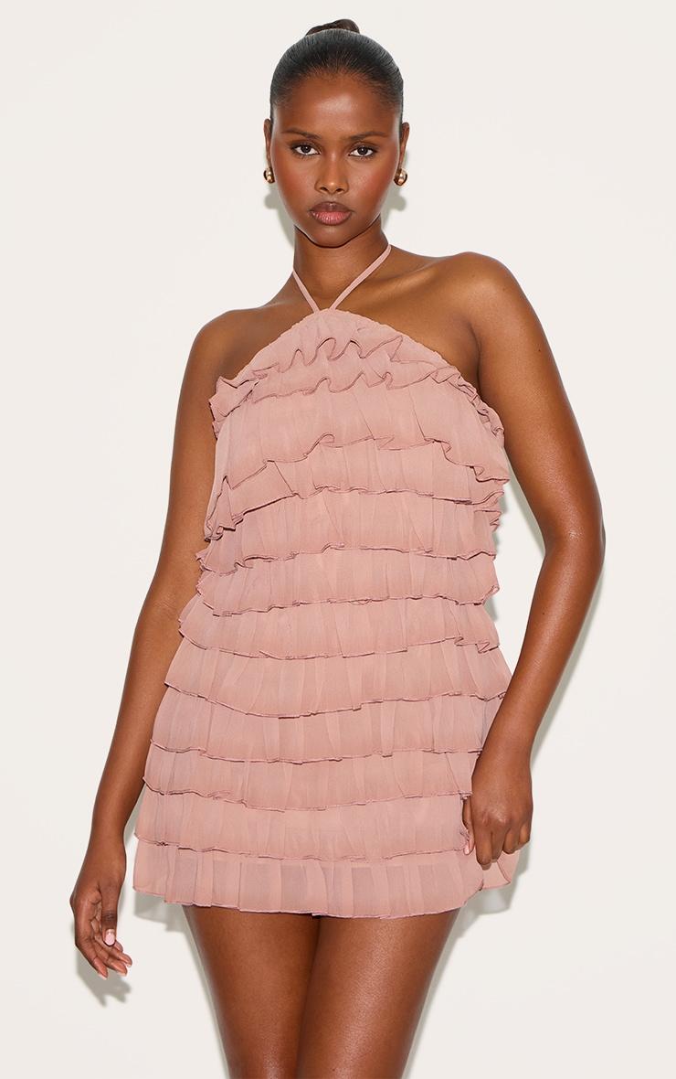 Dusty Peach Extreme Ruffle Halterneck Shift Dress Product Image