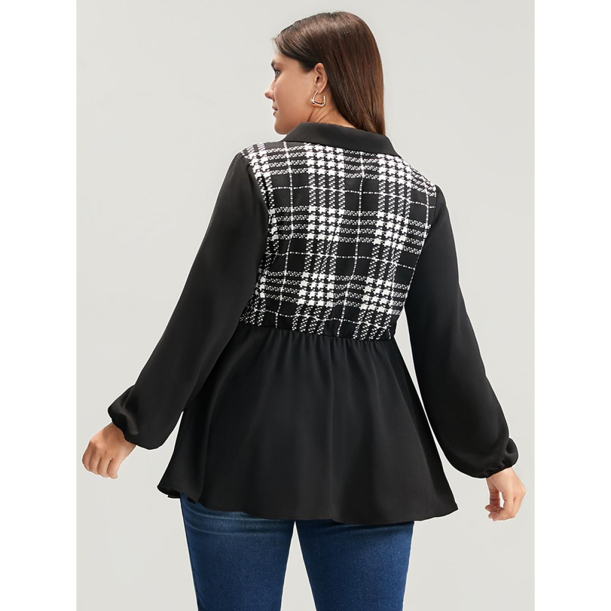 Plus Size Black Plaid Patchwork Lantern Sleeve Ruffle Hem Blouse Women Office Long Sleeve Lapel Collar Work Blouses BloomChic 14-16/1X Product Image