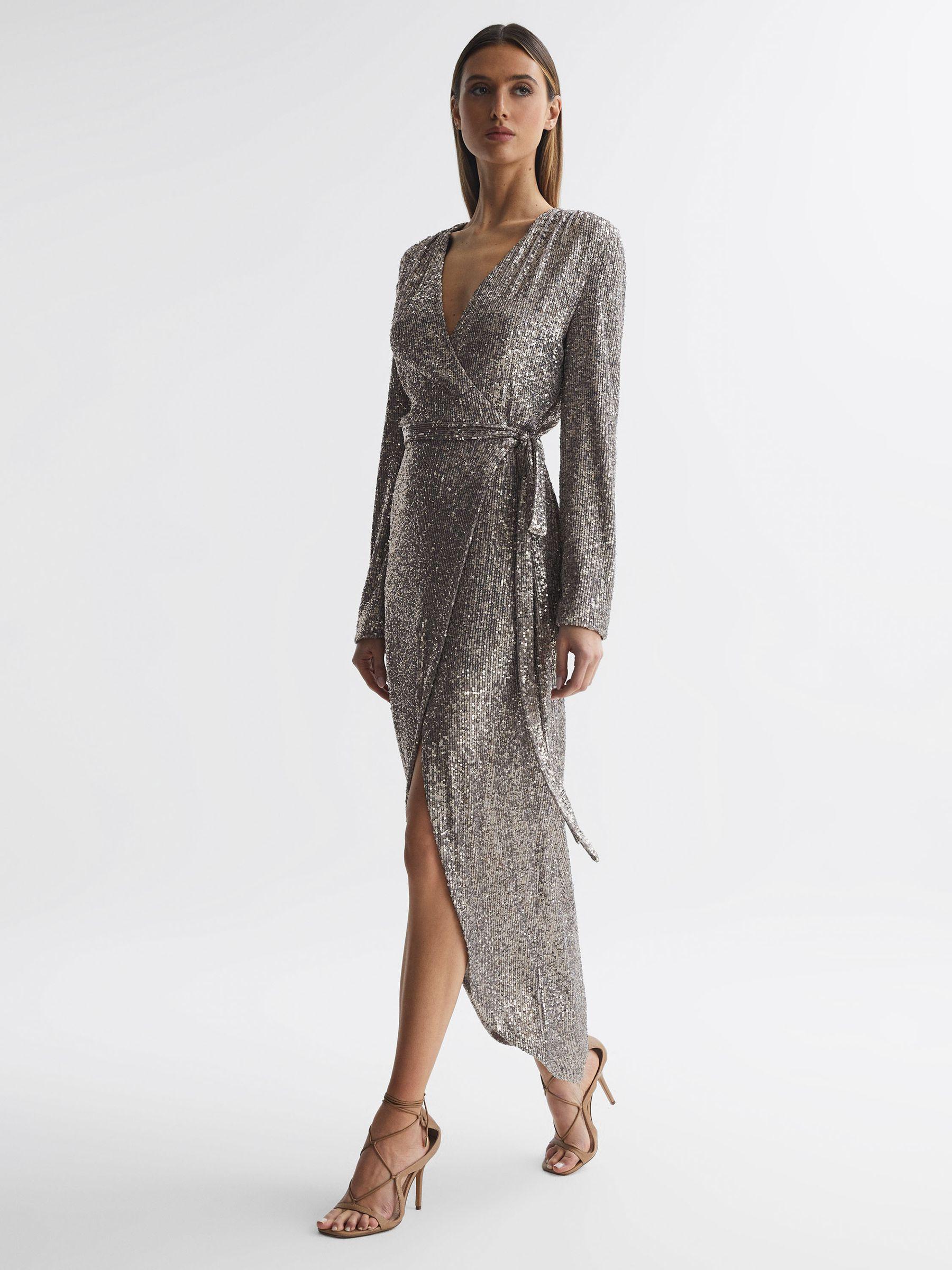 Halston Sequin Wrap Midi Dress in Silver Product Image
