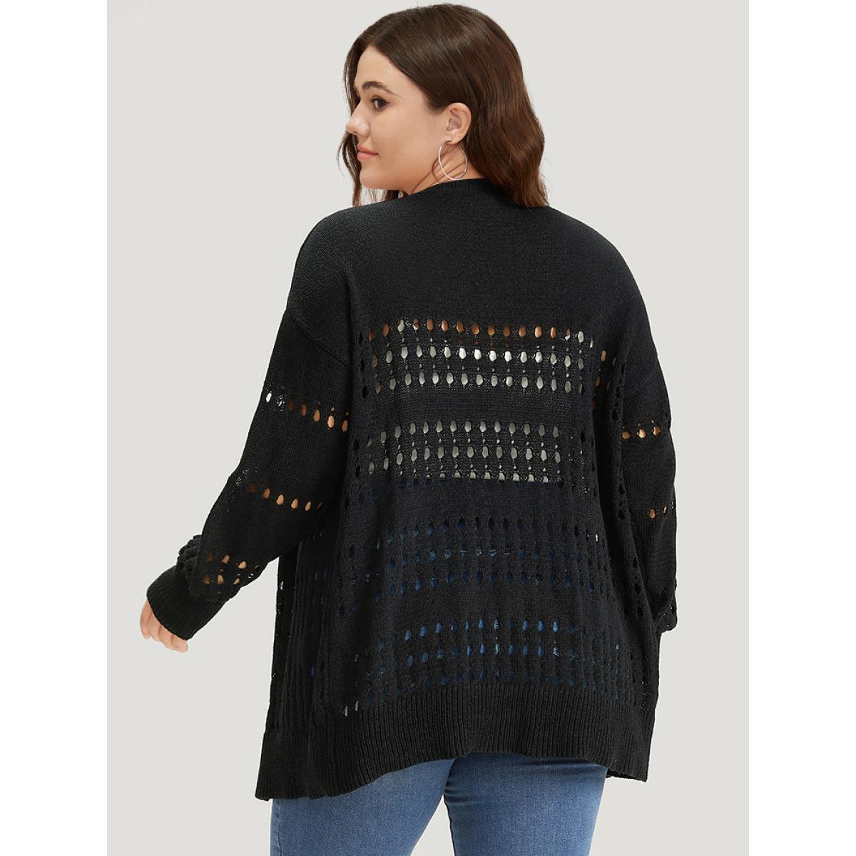 Plus Size Plain Hollow Out Open Front Cardigan Black Women Casual Long Sleeve Dailywear Cardigans BloomChic 10/M Product Image