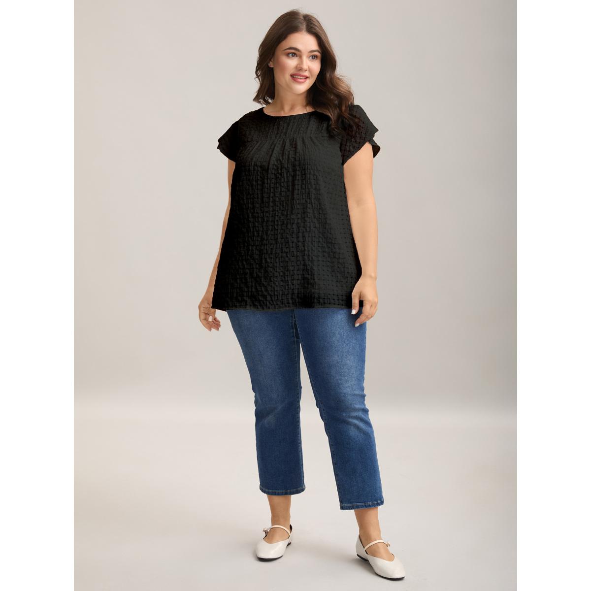 Plus Size Black Textured Sheer Lined Flutter Sleeve Blouse Women Leisure Cap Sleeve Round Neck Casual Blouses BloomChic 30/6X Product Image