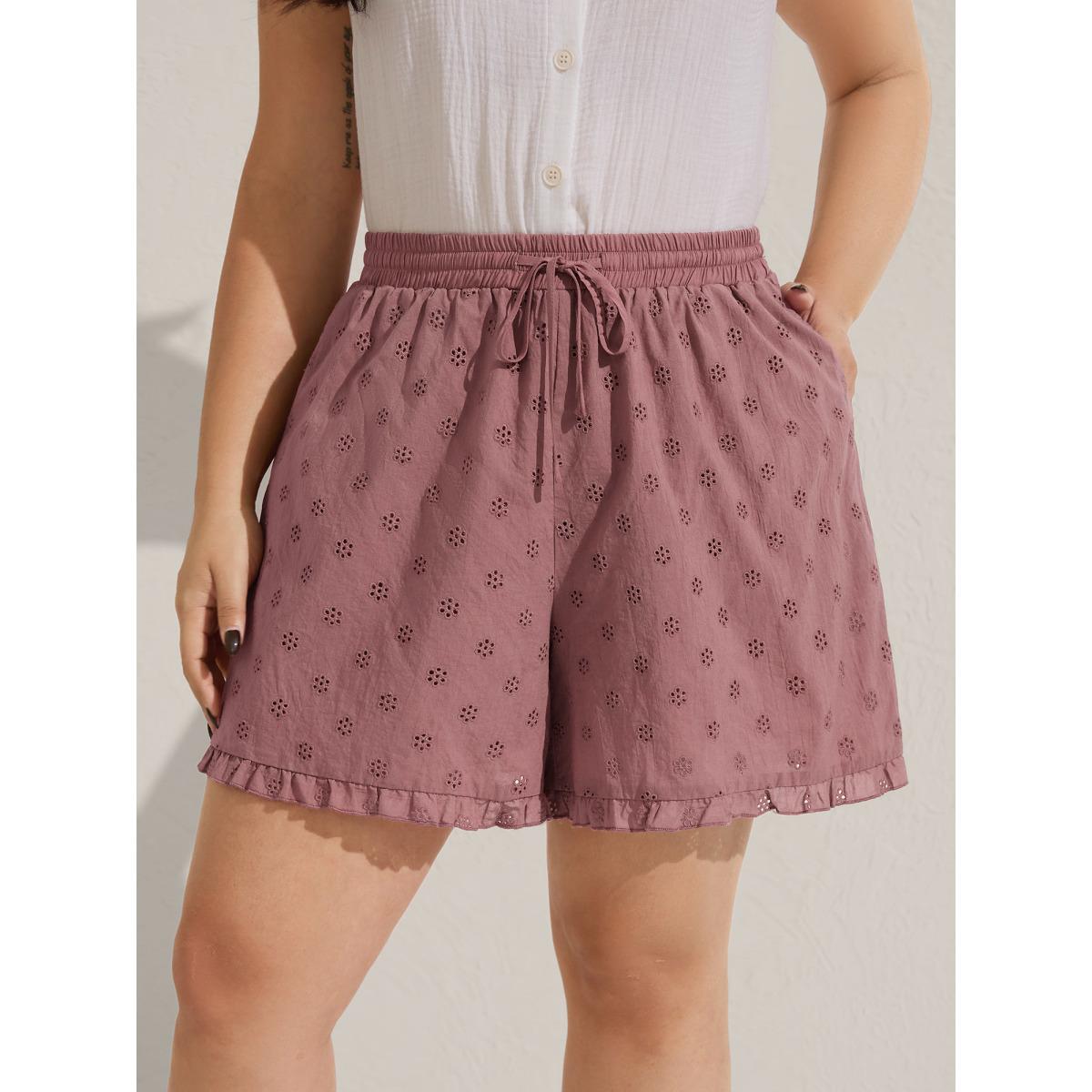 Plus Size Cotton Embroidered Ruffled Hem Wide-Leg Shorts Women Rouge Boho Cut-Out Wide Leg Vacation Shorts BloomChic 14-16/1X Product Image