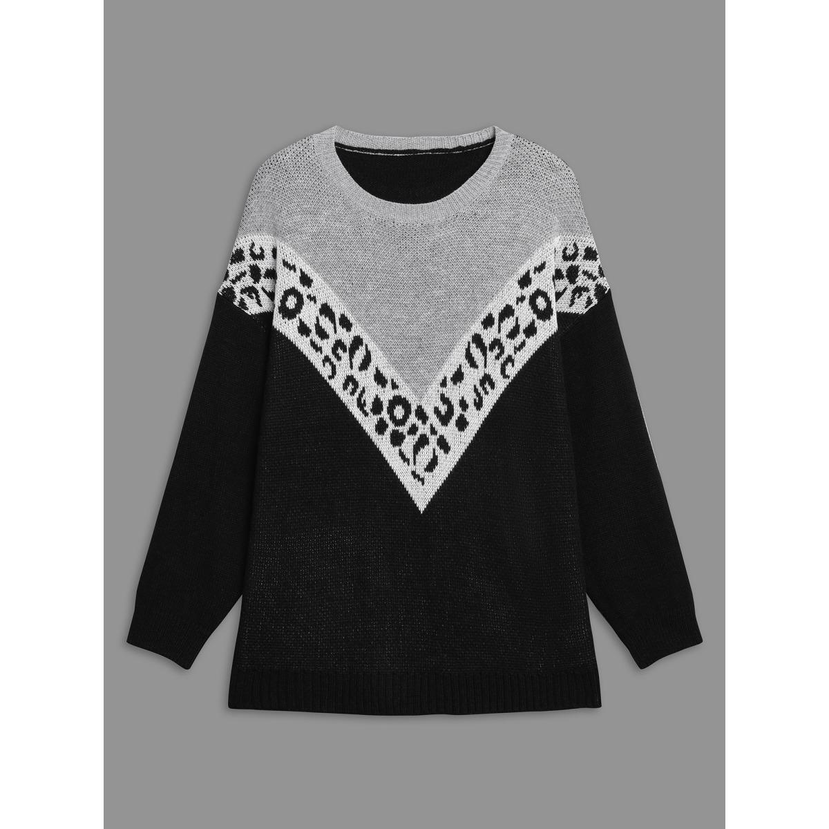 Plus Size Leopard Print Contrast Patchwork Pullover Black Women Casual Loose Long Sleeve Round Neck Everyday Pullovers BloomChic 18-20/2X Product Image
