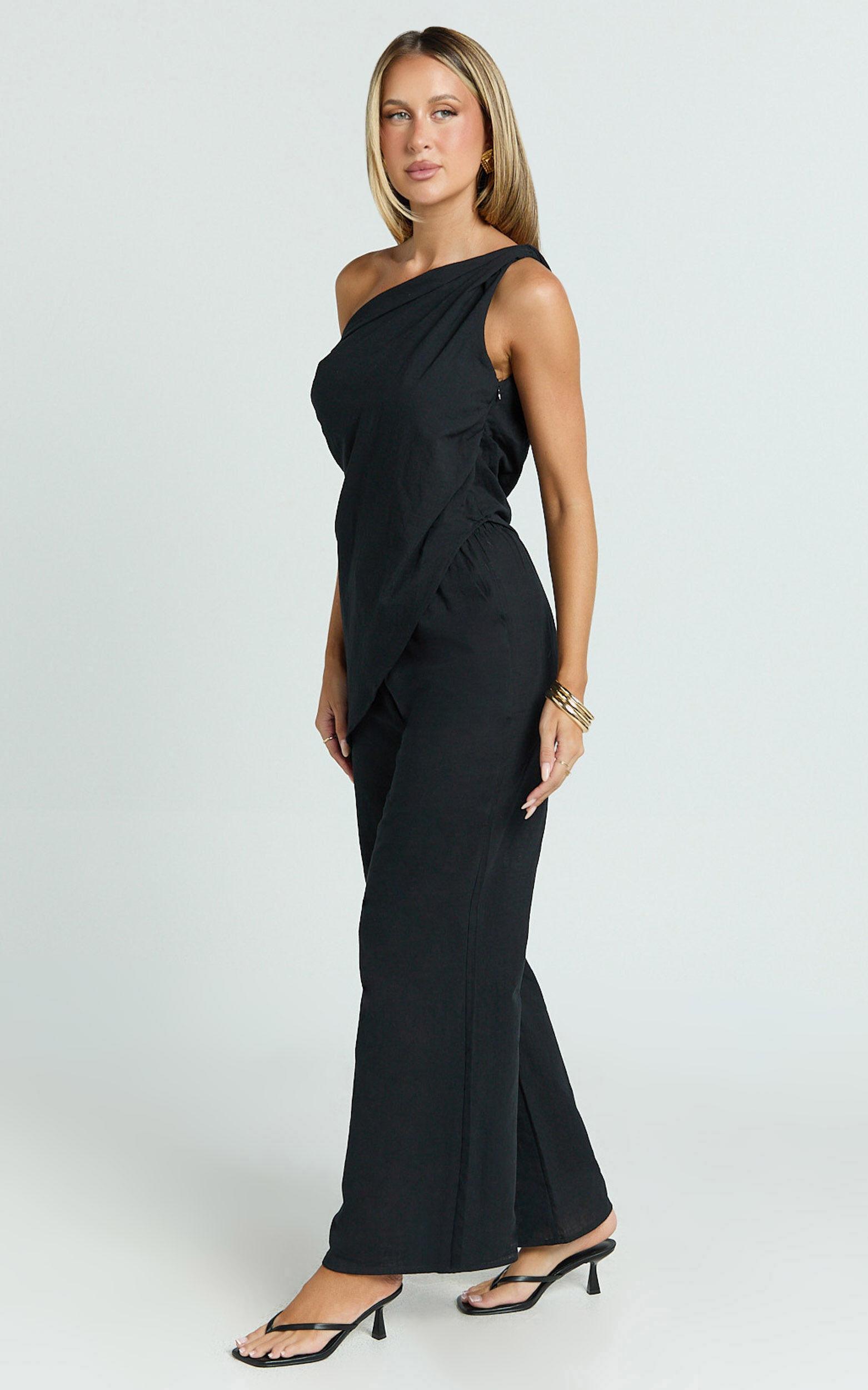 Annalie Two Piece Top and Pants Set - Off Shoulder Linen Set in Black Product Image