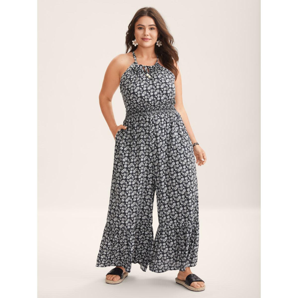 Plus Size BlackFlower Ditsy Floral Print Shirred Tie Jumpsuit Women Sleeveless Non Vacation Loose Jumpsuits BloomChic 12/L Product Image