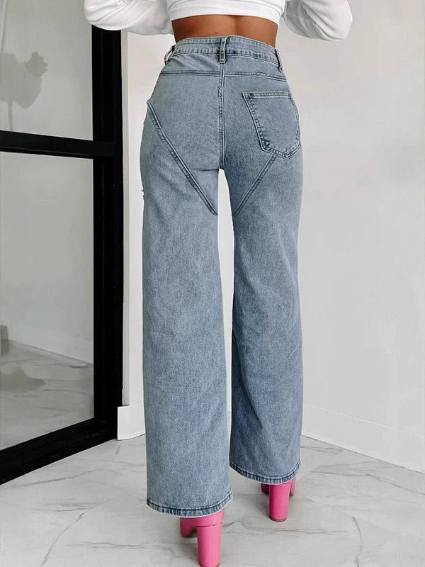 High Waisted Straight Leg Ripped Split-Joint Jean Pants Bottoms Product Image