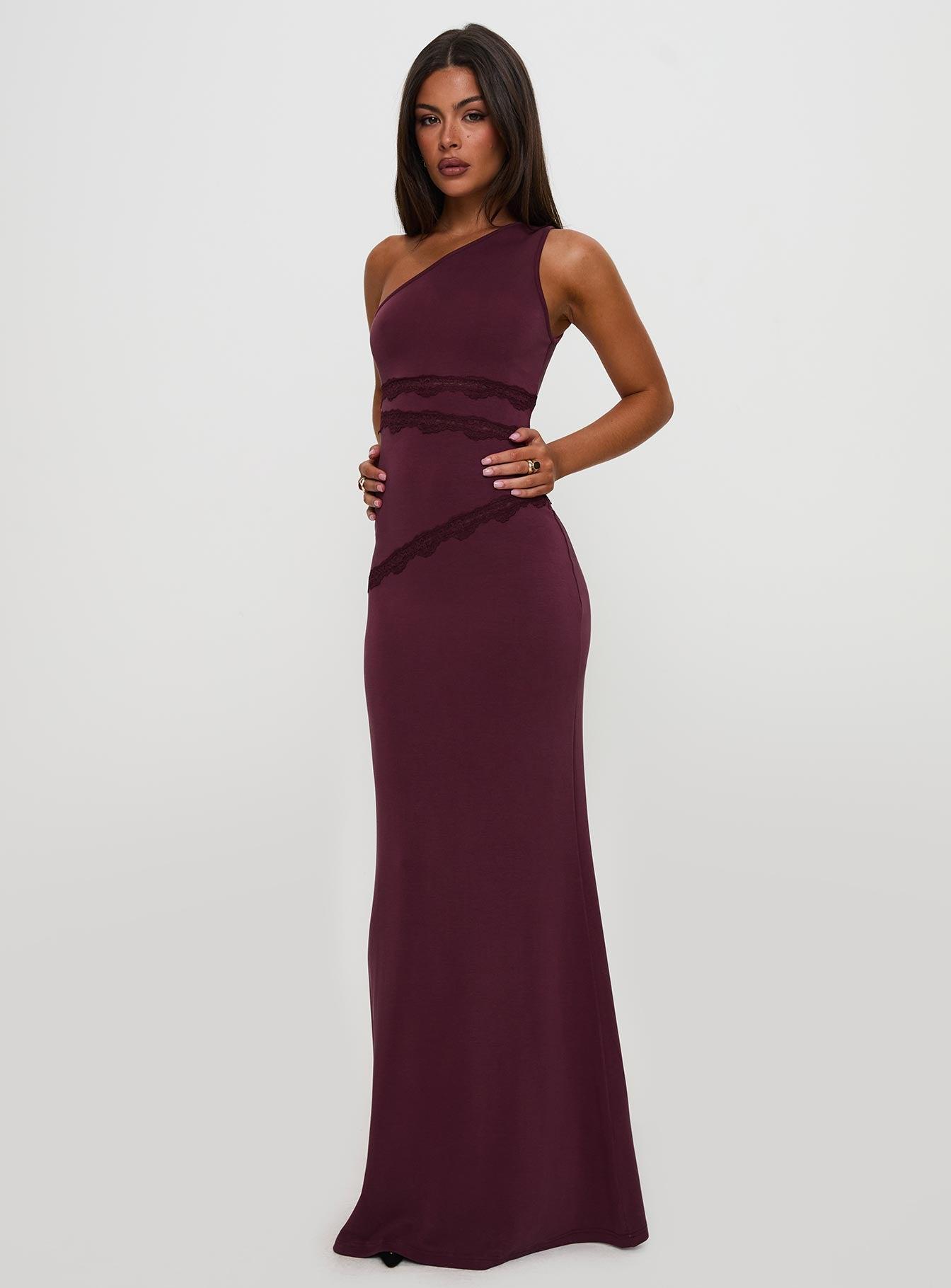 Ultraviolet One Shoulder Lace Maxi Dress Wine Product Image