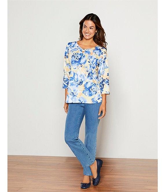 Allison Daley Embellished Floral Print 3/4 Sleeve Keyhole Neck Knit Top Product Image