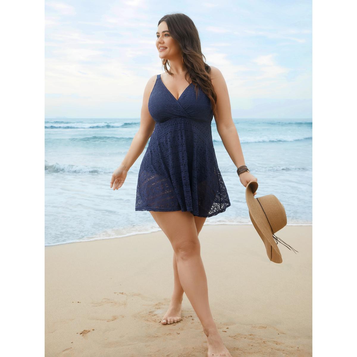 Plus Size Lace Wrap-Neck Adjustable Straps Swim Dress Women's Swimwear Indigo Beach Bodycon Overlap Collar High stretch Curve Swim Dresses BloomChic 26/4X Product Image