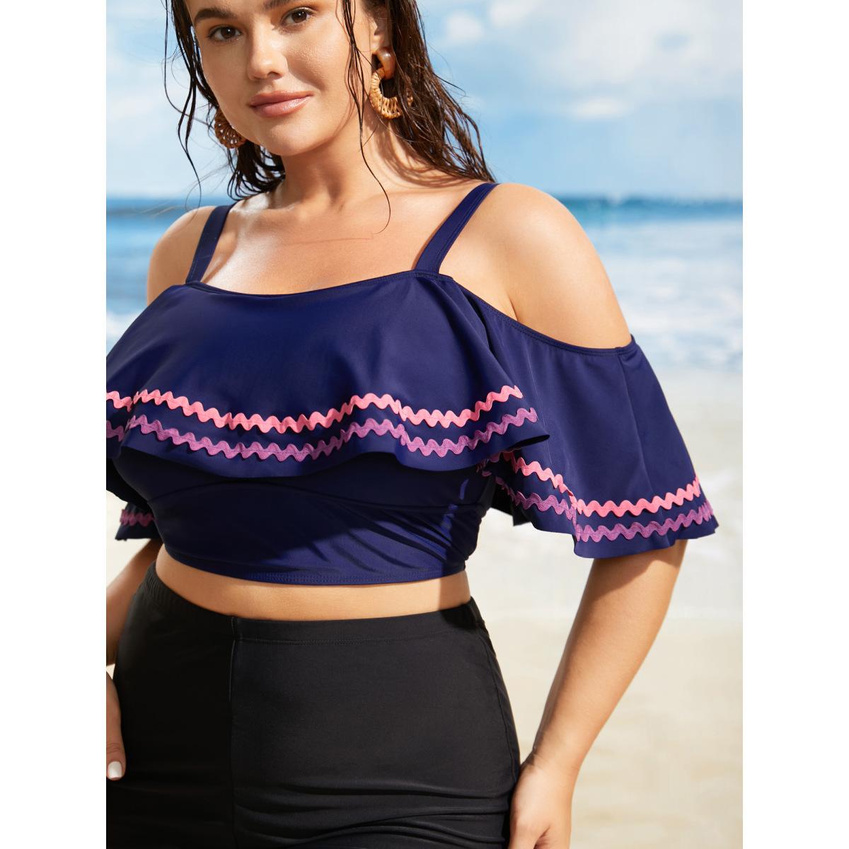 Plus Size Off Shoulder Woven Ribbon Ruffle Trim Swim Top Women's Swimwear Indigo Beach Woven ribbon&lace trim High stretch Skinny One-shoulder neck Curve Swim Tops BloomChic 18-20/2X Product Image
