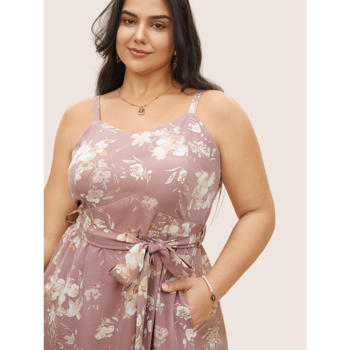 Plus Size Floral Pocket Elastic Waist Adjustable Straps Dress DustyPink Women Elegant Non Non Sleeveless Curvy Midi Dress BloomChic 12/L Product Image