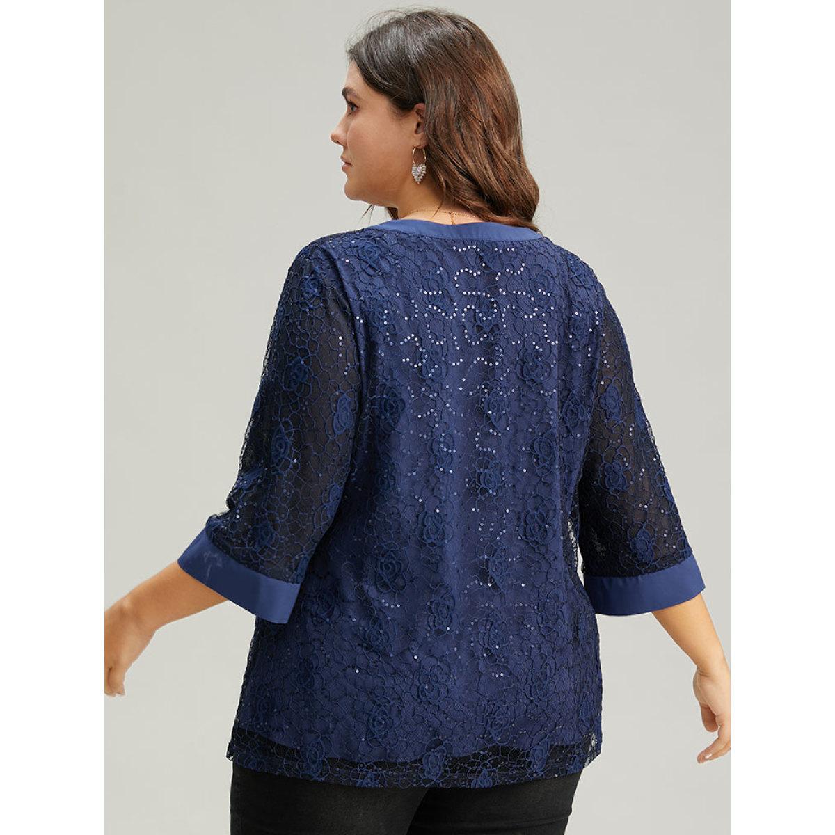 Plus Size Indigo Sequin Guipure Lace Button Detail Blouse Women Glamour Elbow-length sleeve V-neck Going out Blouses BloomChic 22-24/3X Product Image