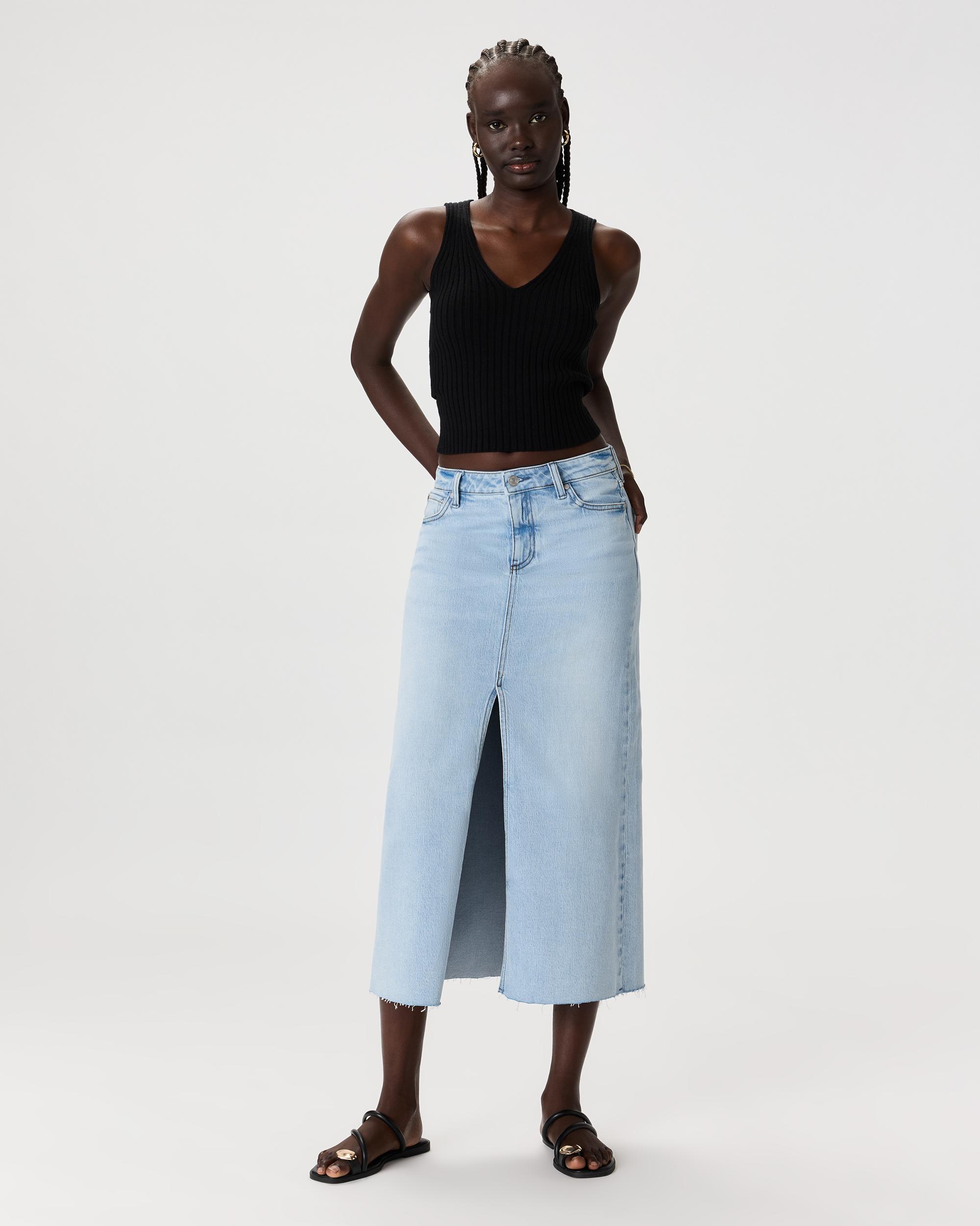 Quince | Women's Stretch Denim 5-Pocket Midi Skirt Organic Cotton Product Image