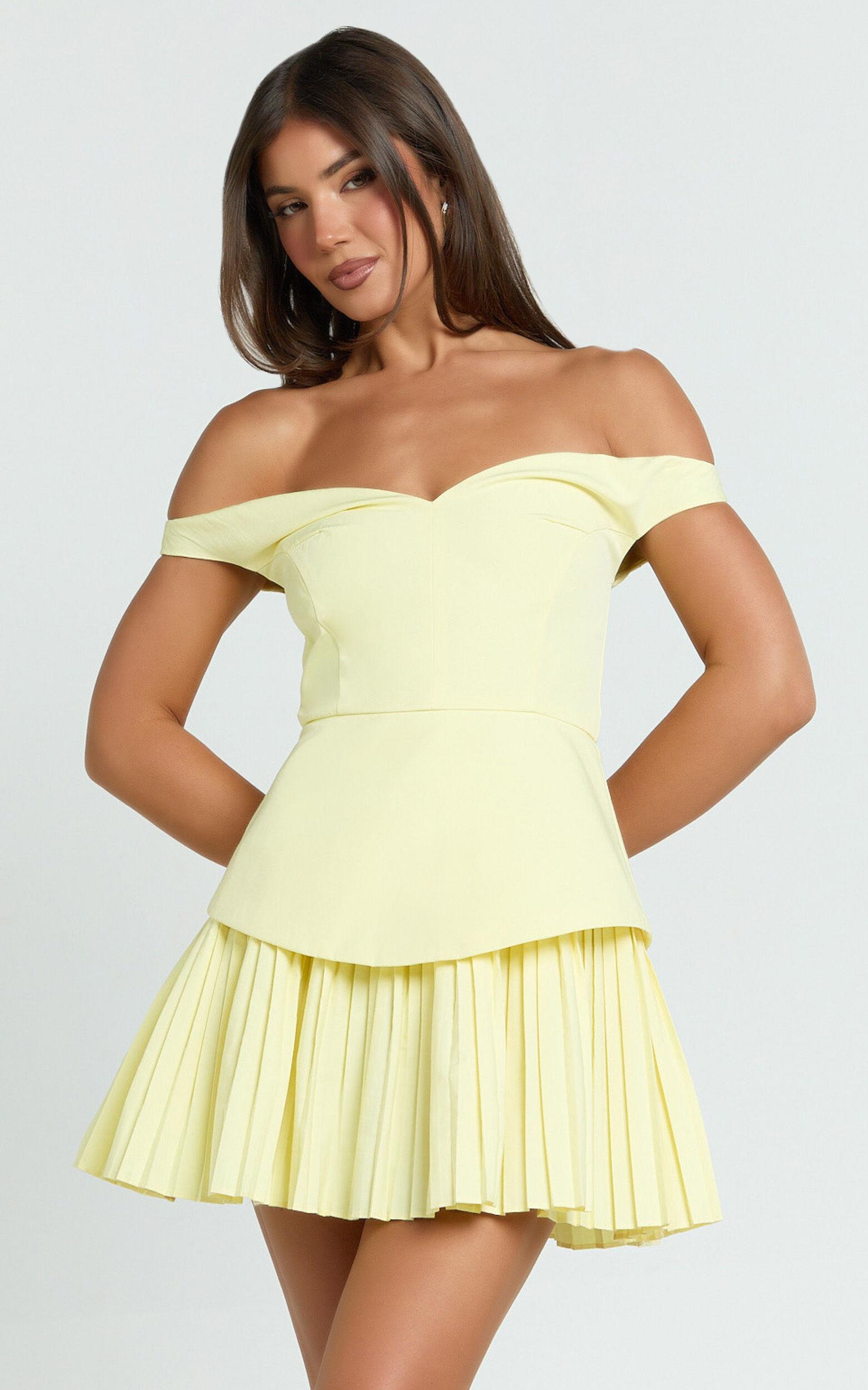 Izara Mini Dress - Off Shoulder Pleated Dress in Lemon Product Image
