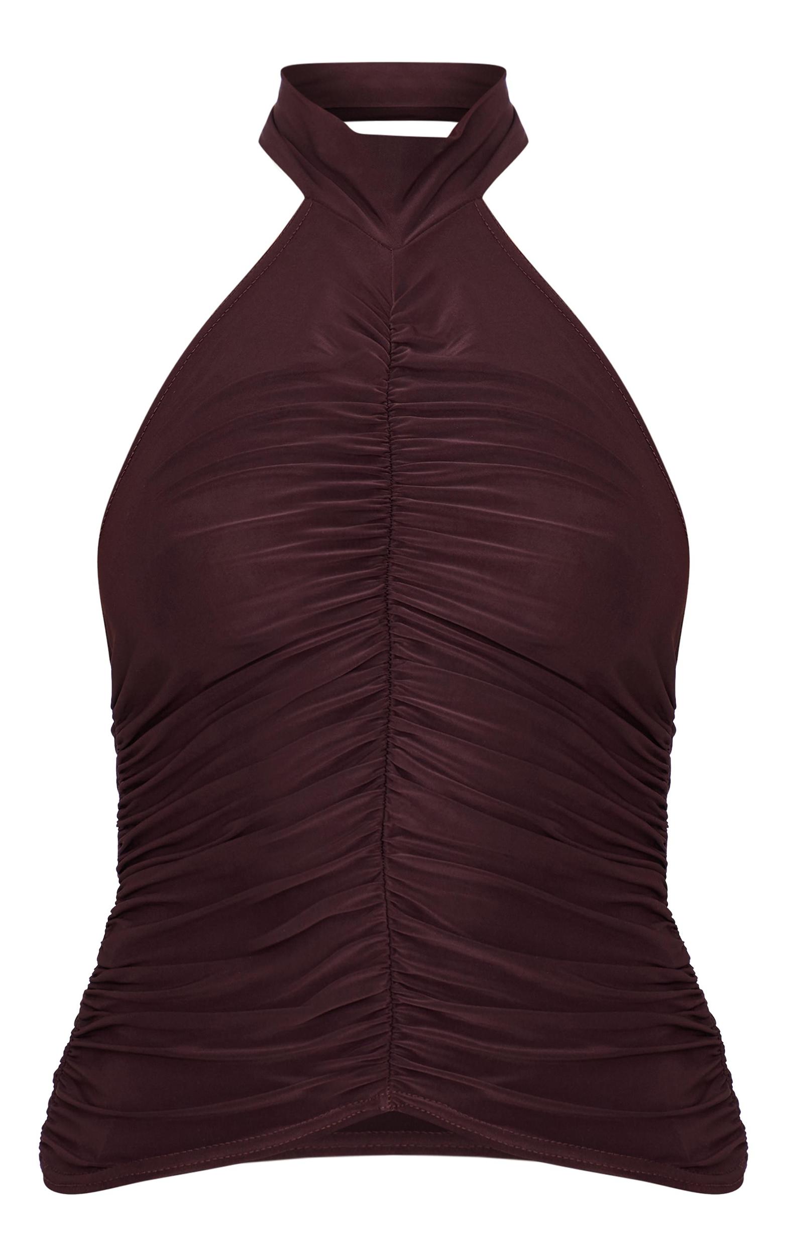 Chocolate Slinky Ruched High Neck Long Top Product Image