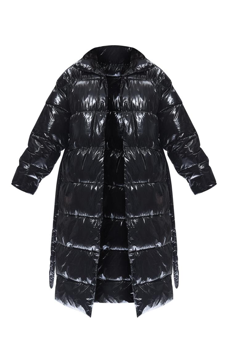 Black High Shine Belted Maxi Puffer Coat Product Image