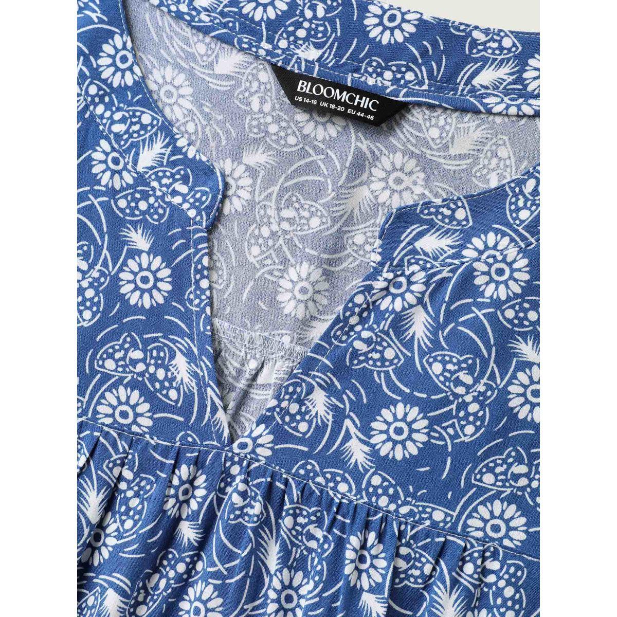 Plus Size Navy Floral Print Quarter Sleeve Blouse Women Leisure Elbow-length sleeve Notched collar Casual Blouses BloomChic 22-24/3X Product Image