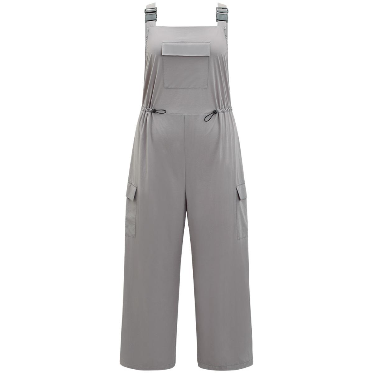 Plus Size Gray Solid Flap Pocket Drawstring Side Overall Jumpsuit Women Casual Sleeveless Spaghetti Strap Dailywear Loose Jumpsuits BloomChic 26/4X Product Image